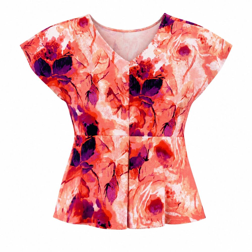 Worthington Floral Peplum Blouse Women's Medium V-Neck Cap Sleeve Pink Coral